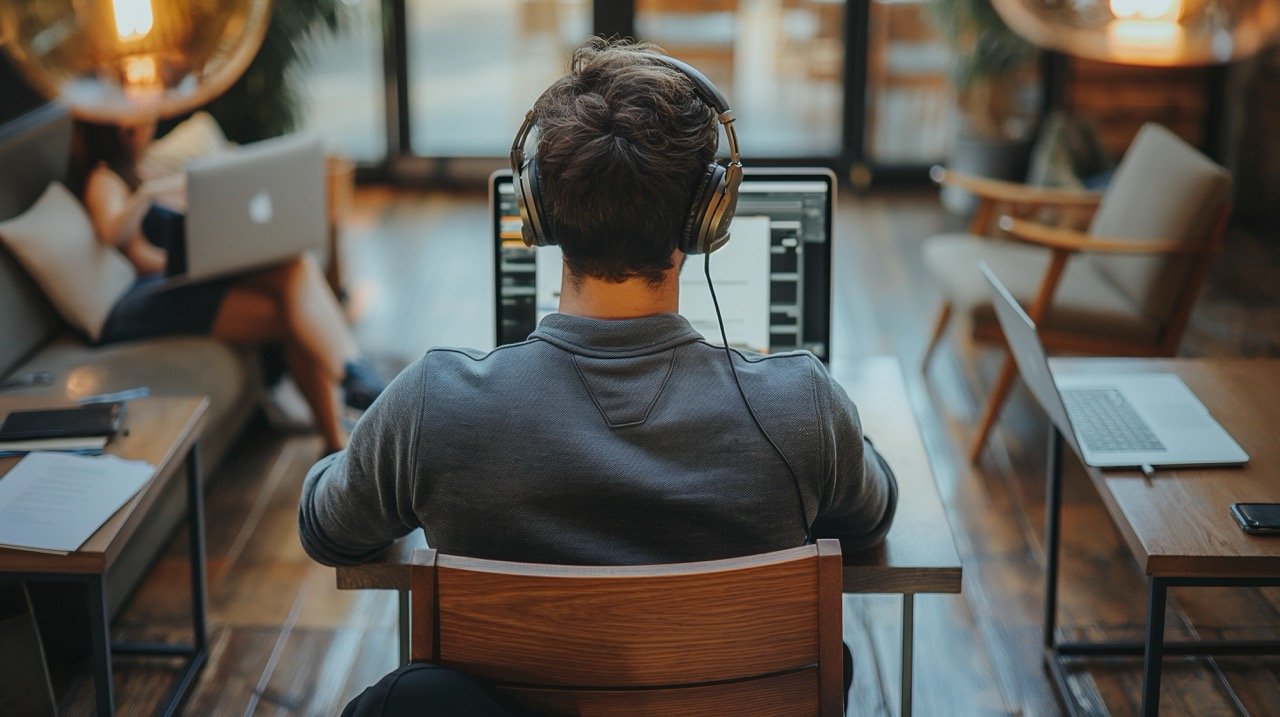 Man Sitting on Chair Looking at Laptop, Ideal for Office Work and Team Collaboration Images