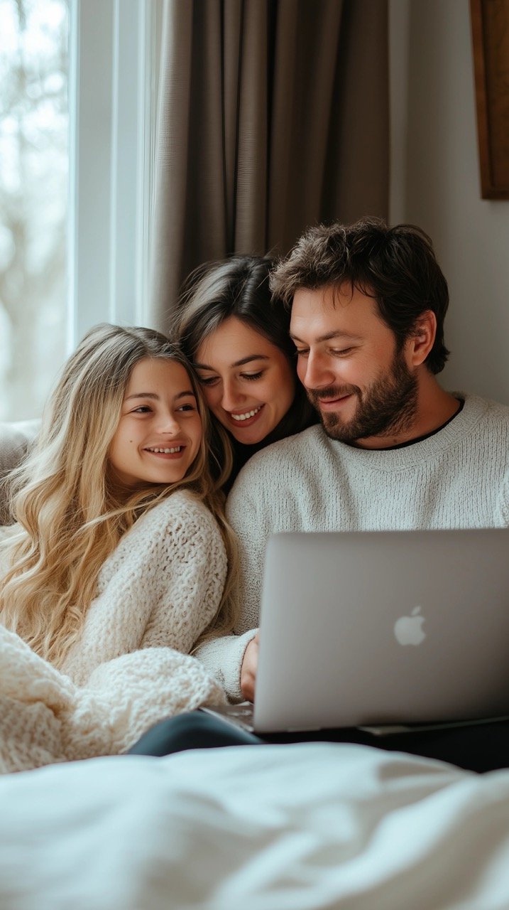 Man and Woman Sitting on Bed with Laptop Family, Technology, and Electronics at Home