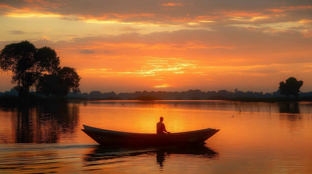 Man in Boat at Sunset Over Flooded Paddy Field | Stock Photo | India, Travel Destinations, Nautical Romance