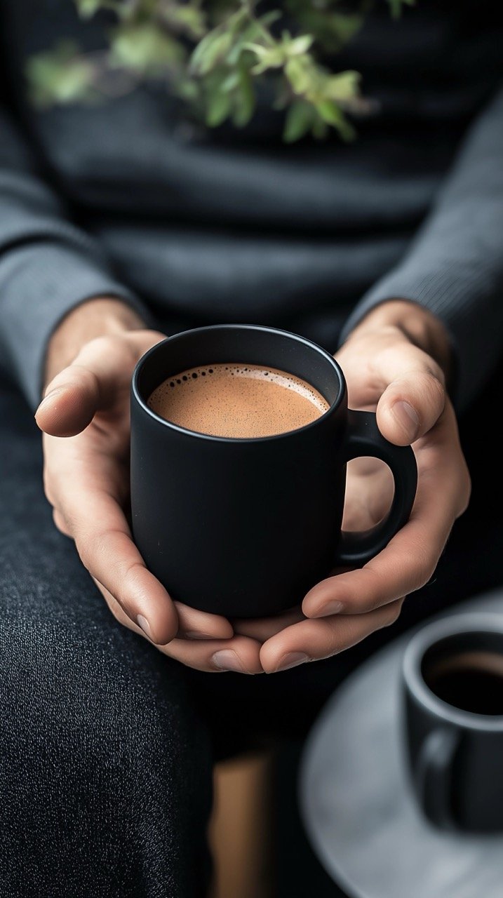 Man with Black Ceramic Mug, Coffee on Stylish Table, Luxury Lifestyle and Edgy Aesthetic Background