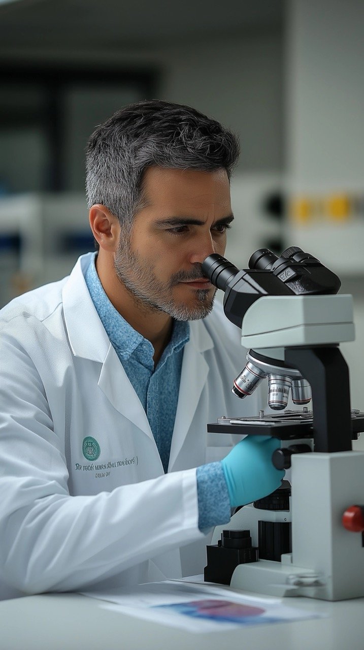 Medical Lab Research in Brazil Man with White Microscope, COVID-19 Health, Wellness, and Academic Study