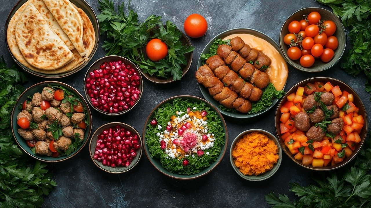 Middle Eastern Feast Hummus, Kebabs, Falafel, and More on Arabian Dinner Table Stock Photo