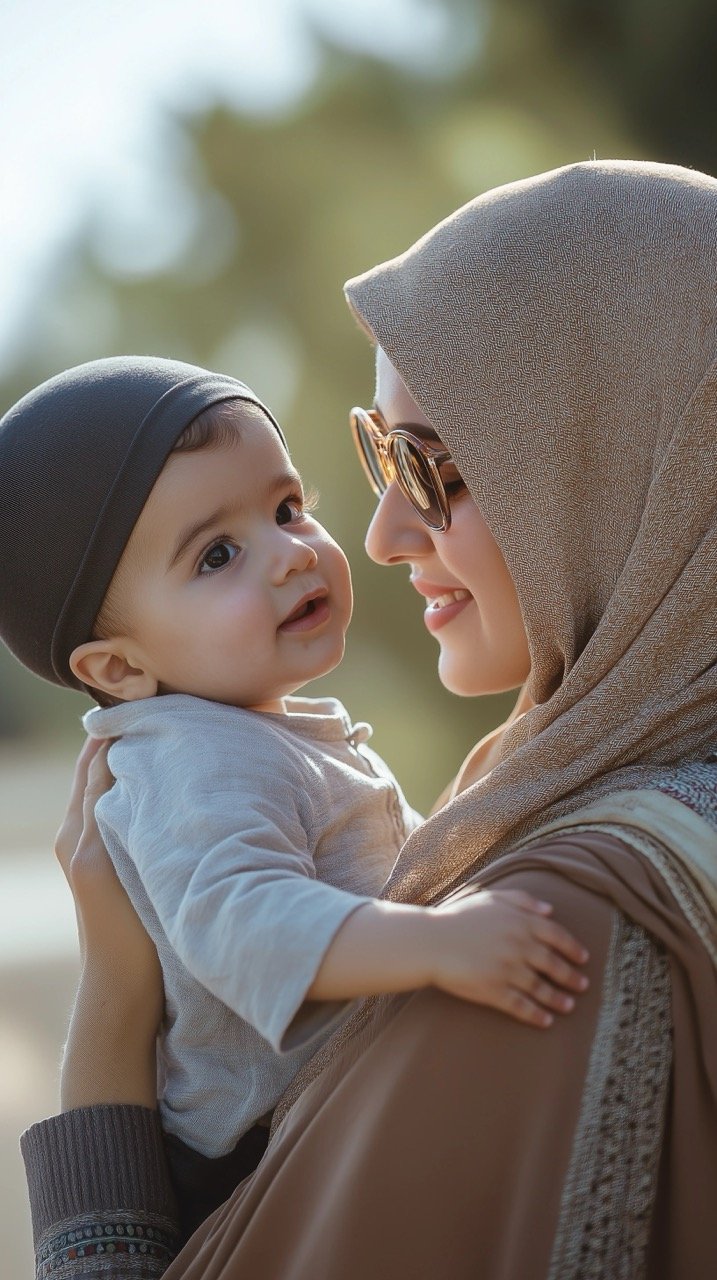 Middle Eastern Woman Holding Her Son During Daytime, Embracing Family with Sunglasses in Air