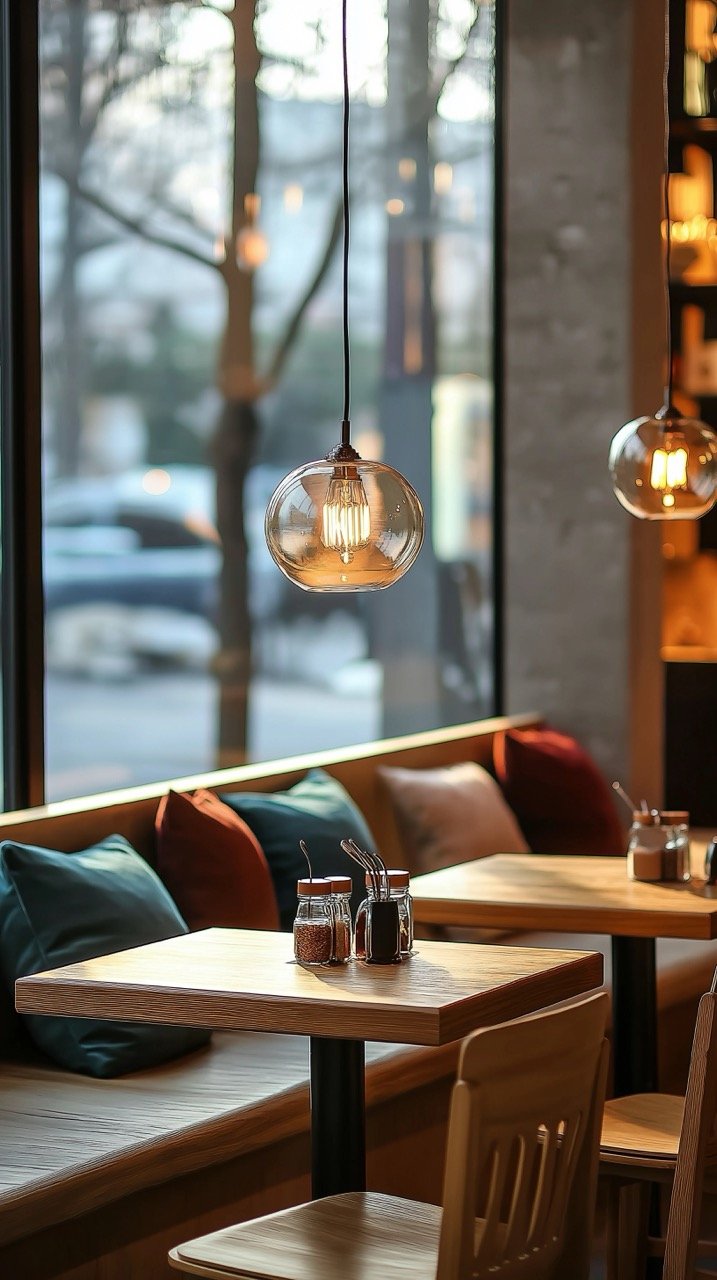 Modern Cafeteria with Two Round Pendant Lamps, Showcasing Contemporary Design and Sleek Interior Architecture