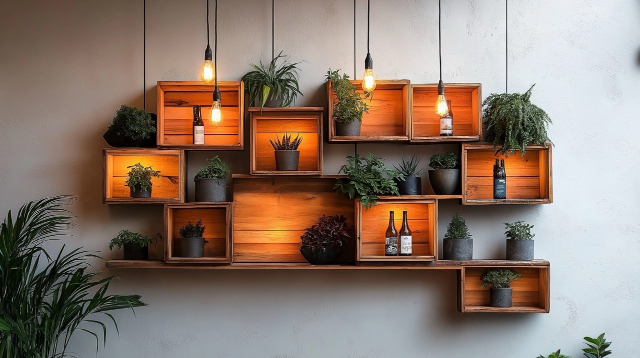 Modern Interior Design with Wall-Mounted Crates, Illuminated Shelves, and Contemporary Lighting