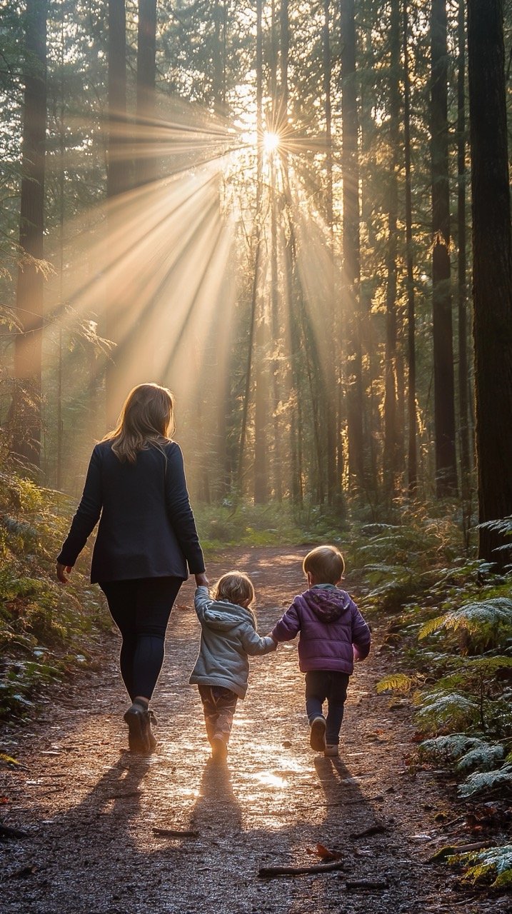 Mother Walking in Forest with Child, Family Day in Maple Ridge, Canada, Nature Path