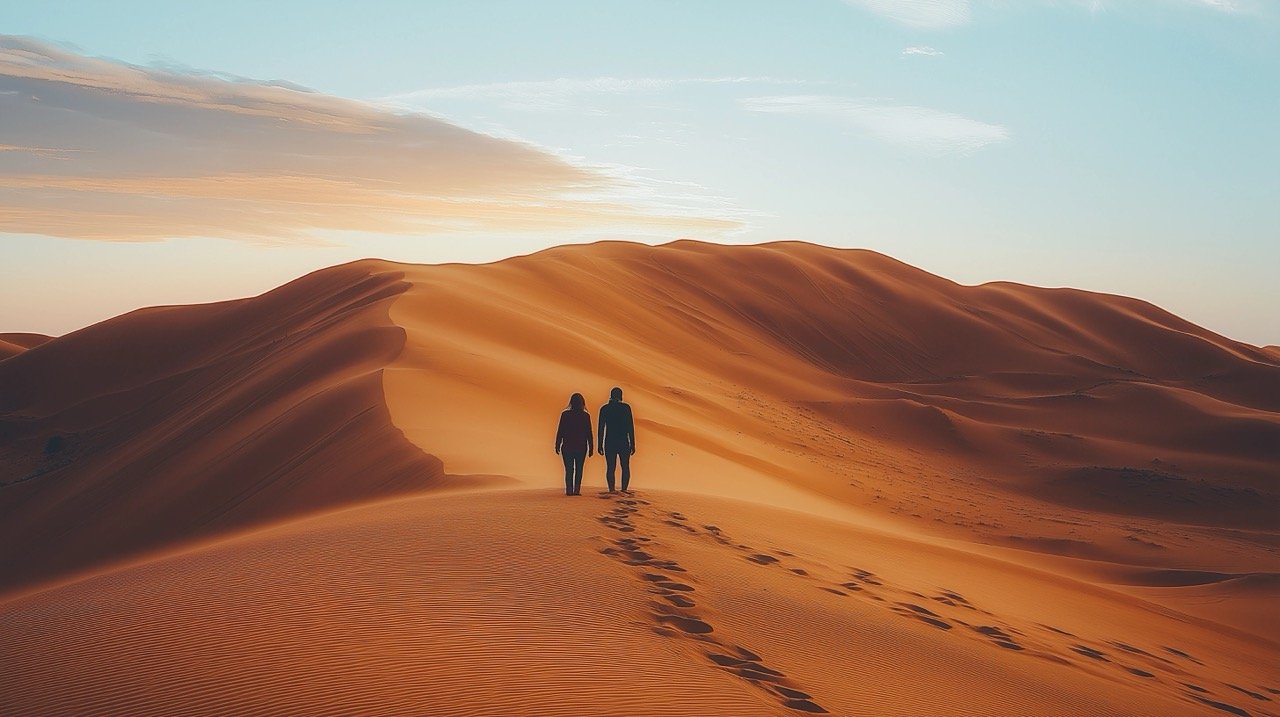 Nature Desert Landscape at Sunset Two People in Sand Dunes, Ideal Desktop Wallpapers and Cool Backgrounds