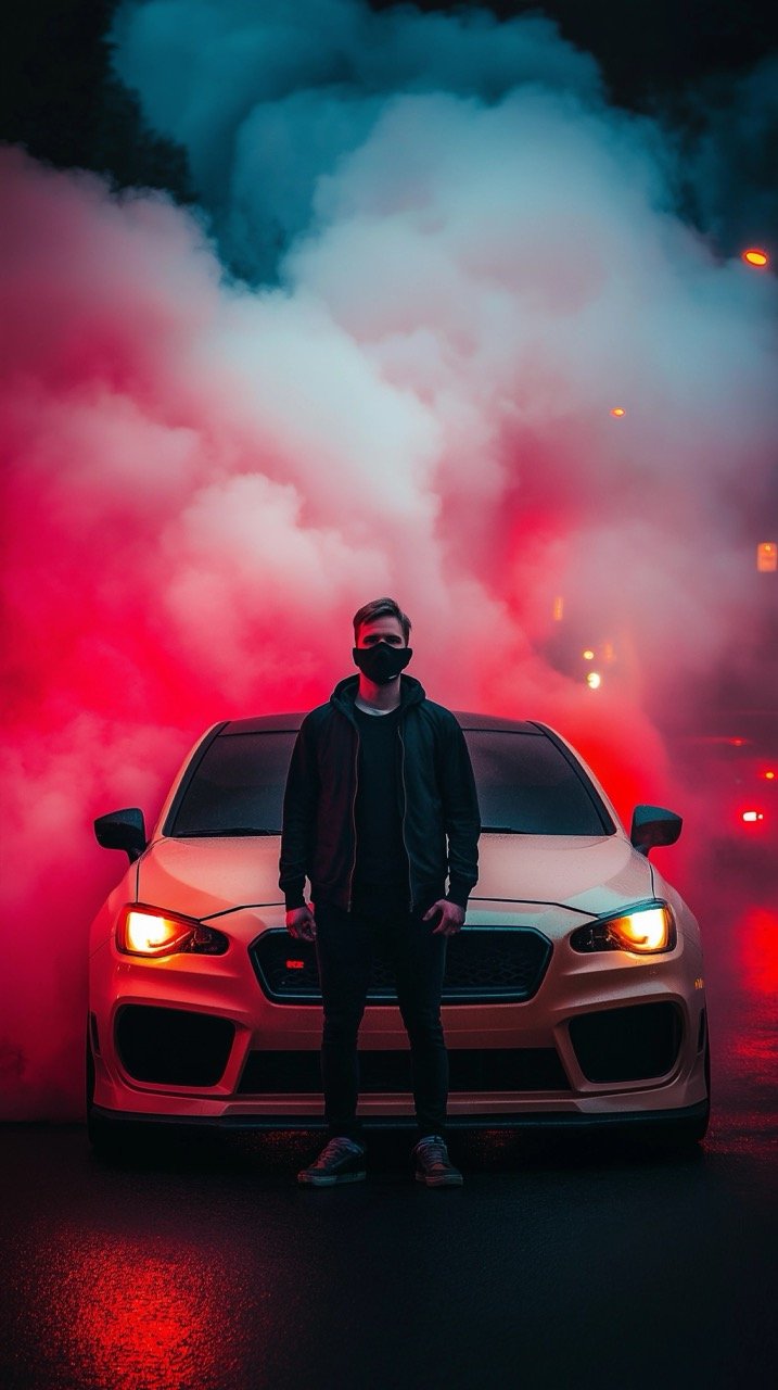 Night Glow Scene Anonymous Man with Car and Colorful Smoke Cloud on City Street