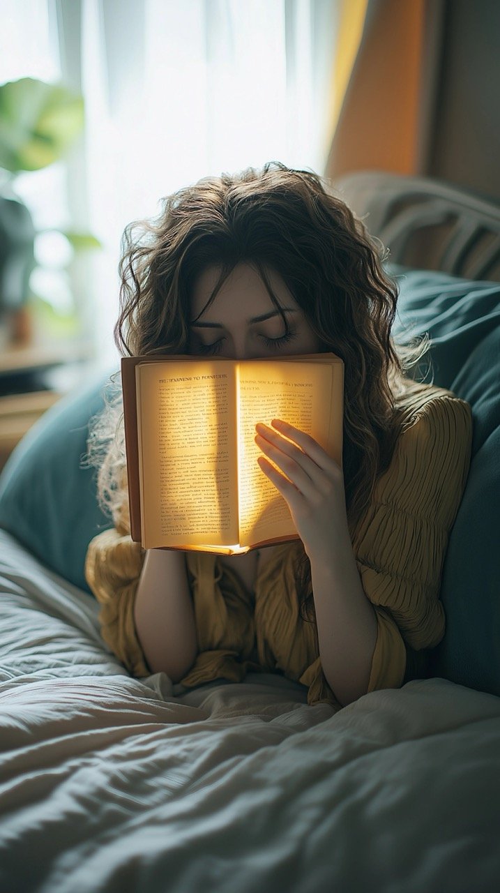 Night Scene Woman Hiding Face with Book in Bed, Yellow Light in Cozy Bedroom, Exhausted and Excited