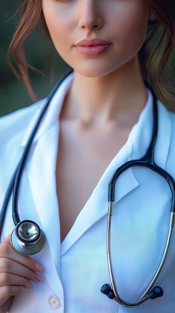 Night Summer Vibe with a Woman Doctor Holding Stethoscope in Clinical Health and Wellness Setting