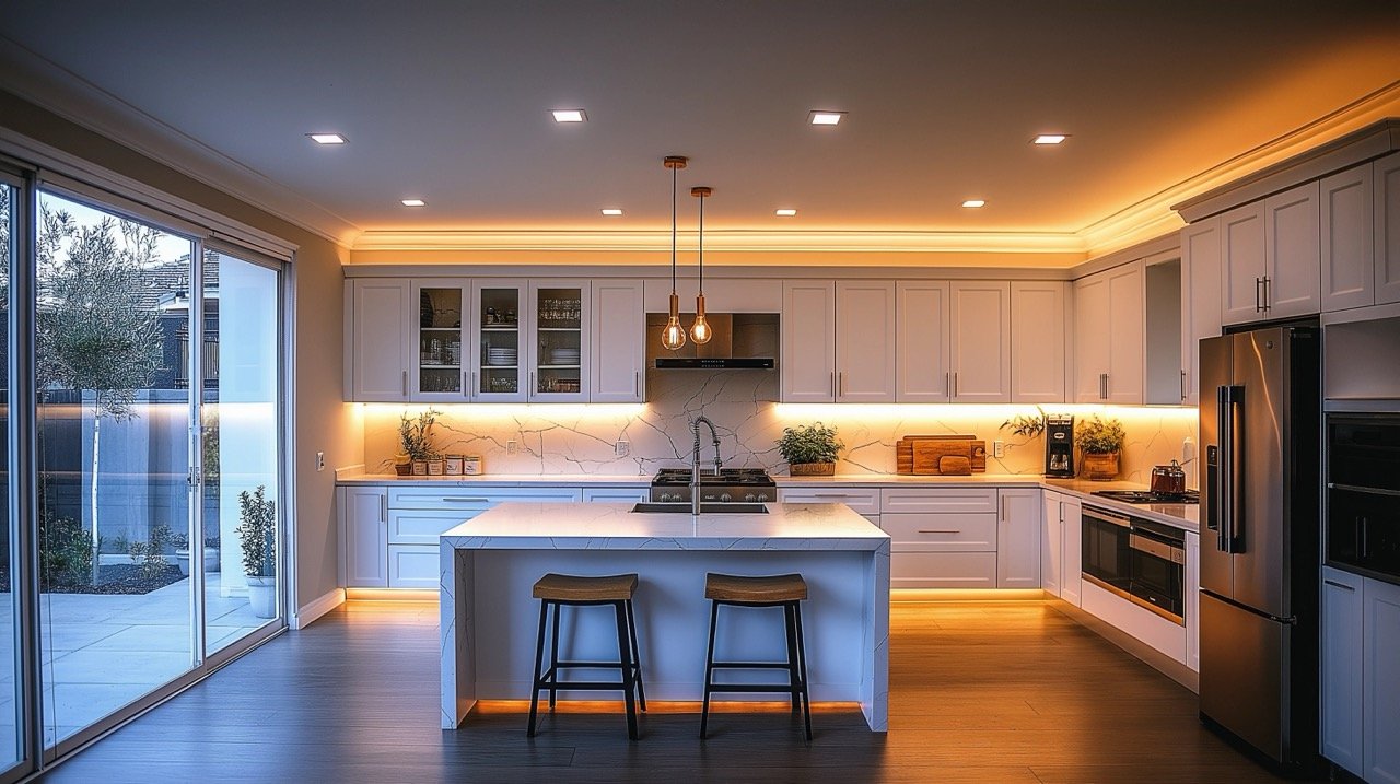 Night View of White Wooden Cabinets in a Contemporary Apartment, Cozy Design with Clean Interior and Family Photos