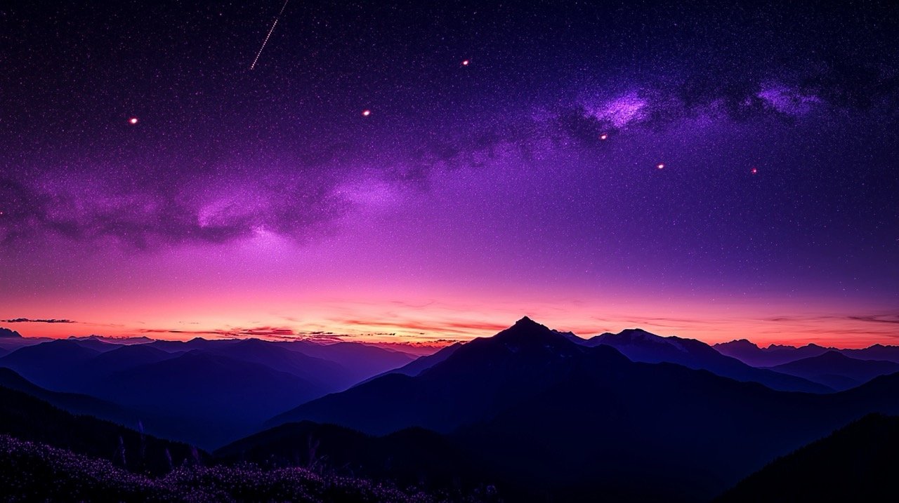 Nighttime Mountain Silhouette with Summer Sunrise Purple Sky, Starry Space, and Galaxy Wallpaper Background from Italy.