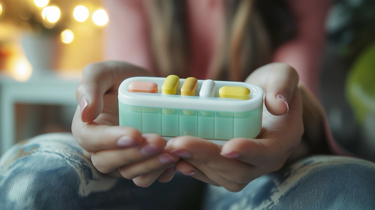 Nighttime Person Holding White and Green Plastic Container, Managing Weekly Pill Dosage and Medication