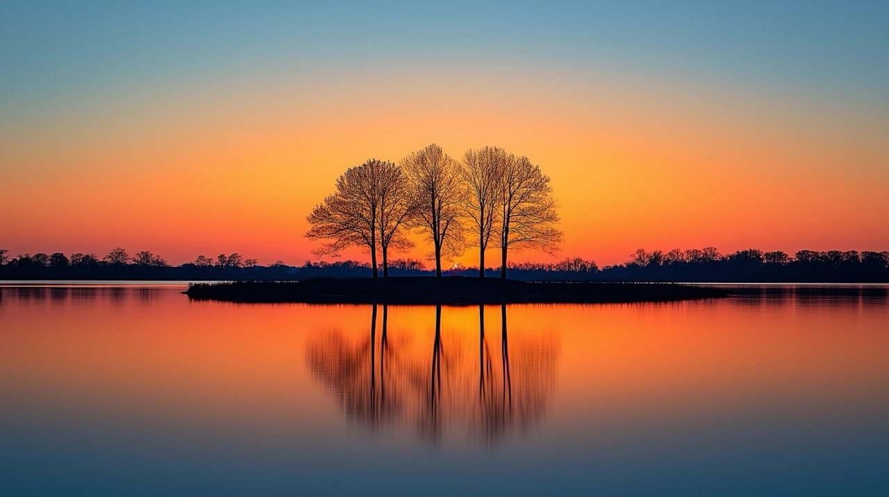 Nighttime Summer Vibe Trees Silhouette by Water at Sunset, Nature Scene, and USA Wallpaper Background