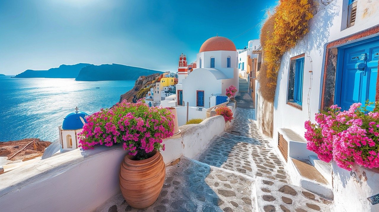 Oia Village, Santorini Traditional Cycladic Houses and Flower-Lined Street | Picturesque Greece Stock Photo