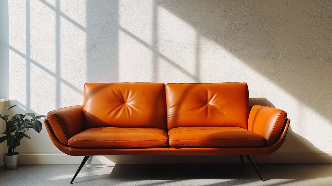 Orange Leather 2-Seat Sofa in Contemporary Home Interior, Featuring Modern Decoration and Interior Design