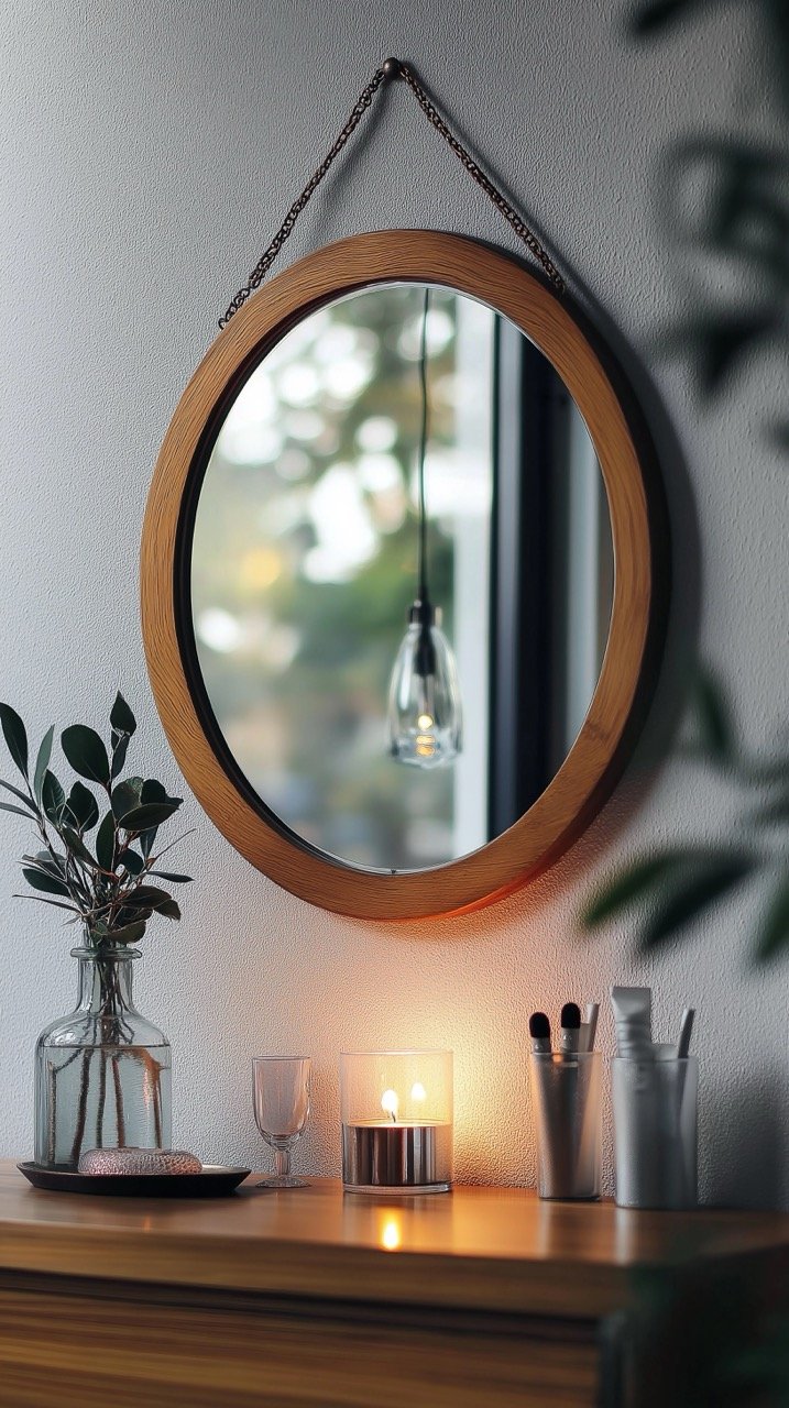 Oval Brown Wooden Mirror with Glass and Candles, Contemporary Room Decor at Night, Modern Interior Design