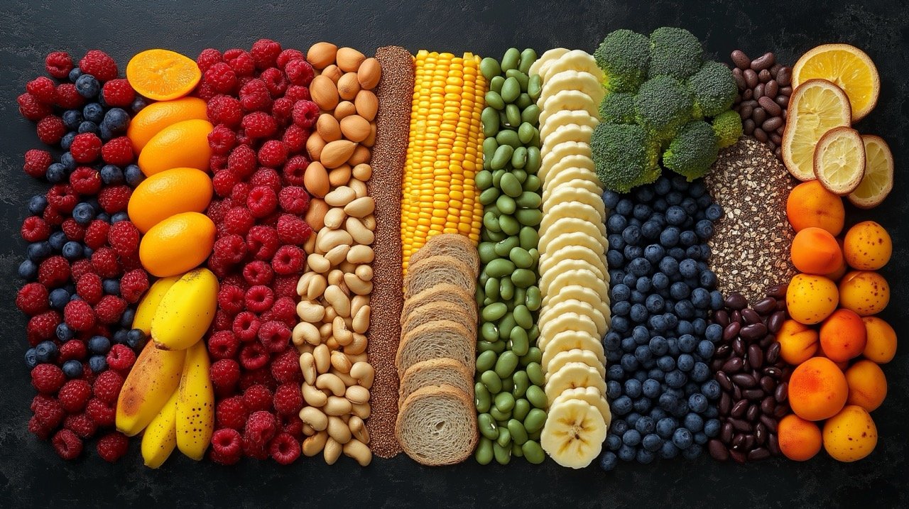 Overhead View of Fiber-Rich Foods Vegetables, Grains, and Nutrient-Packed Healthy Eating Options