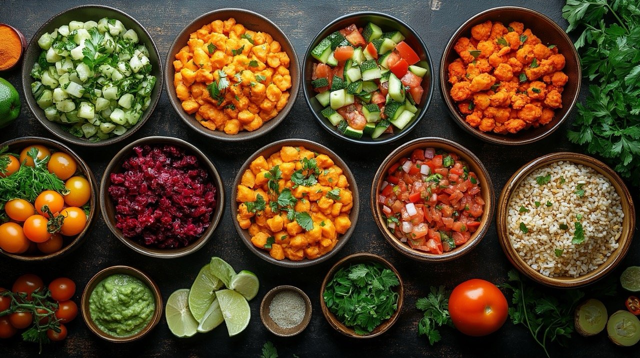 Overhead View of Spicy Food Spread on Restaurant Table Top-Down Perspective of Meals and Drinks