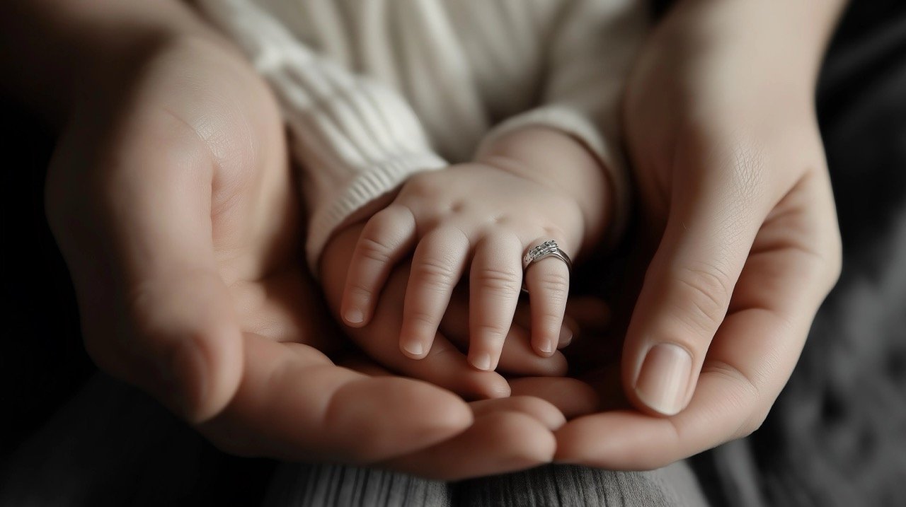 Parent and Baby Hand Holding Family Bonding and Love, Grey Background