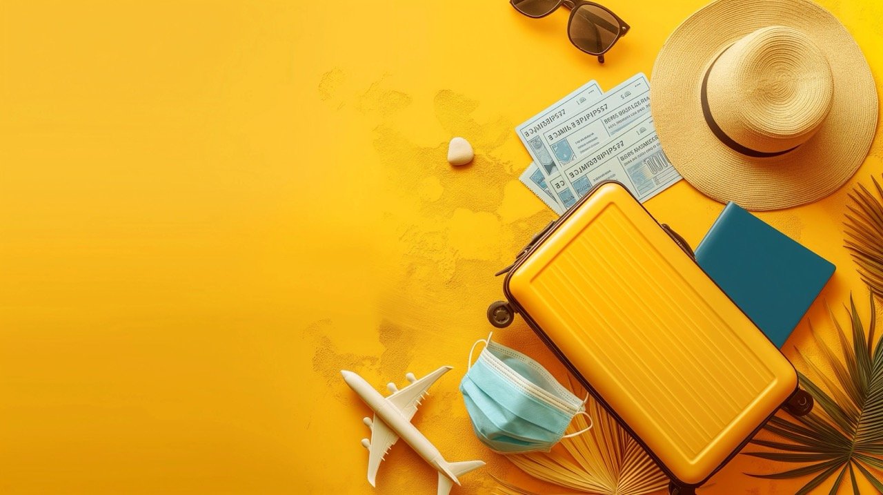 Passport, Airplane Tickets, Yellow Suitcase, Sun Hat, and Face Mask on Yellow Background | Stock Photo | Travel, Vacations