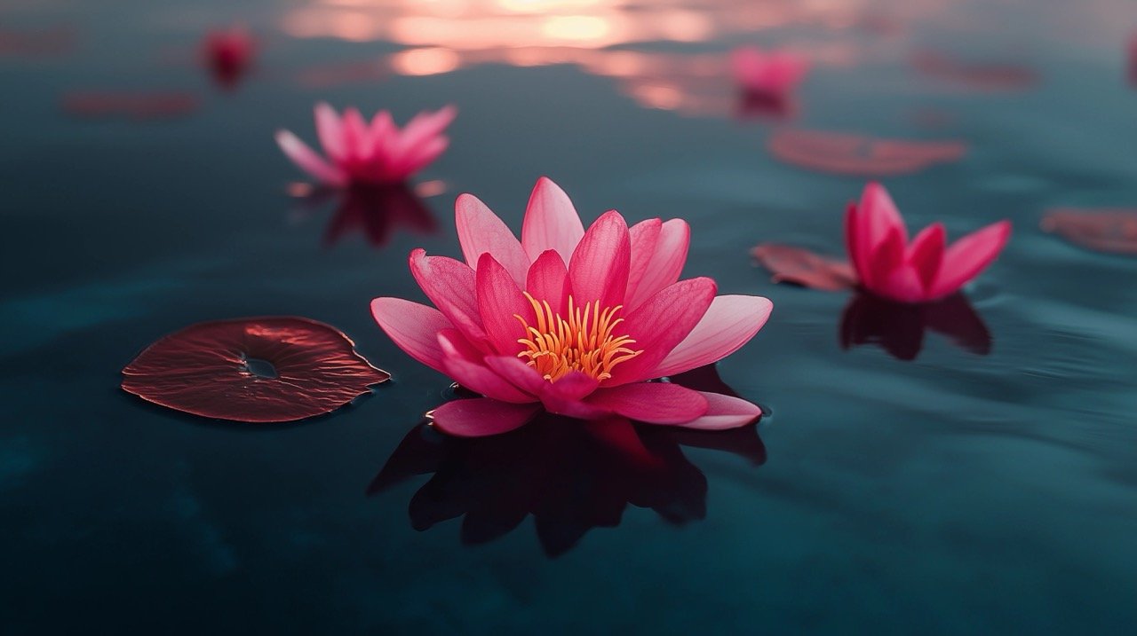 Peaceful Morning Sunrise in Maldives Pink Flowers on Water, Perfect for Meditation and Yoga Reflection