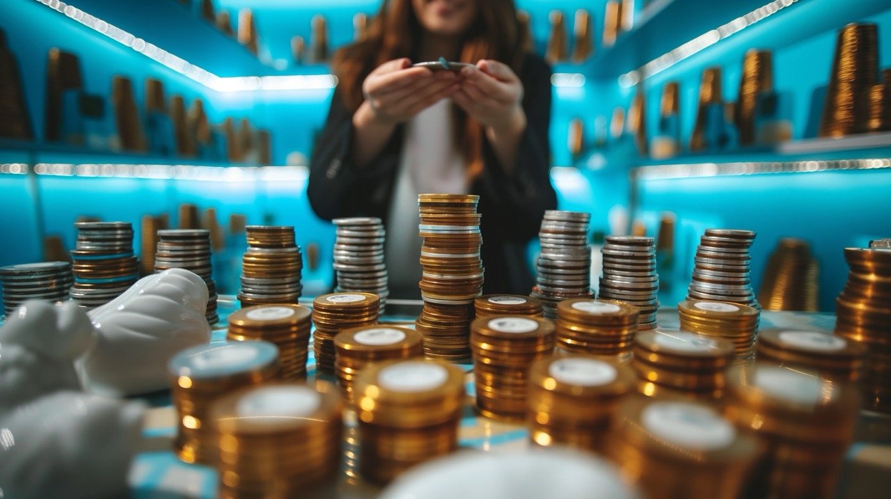 Person Organizing Coins on Table, Suitable for Financial Strategies and Budgeting Stock Photos