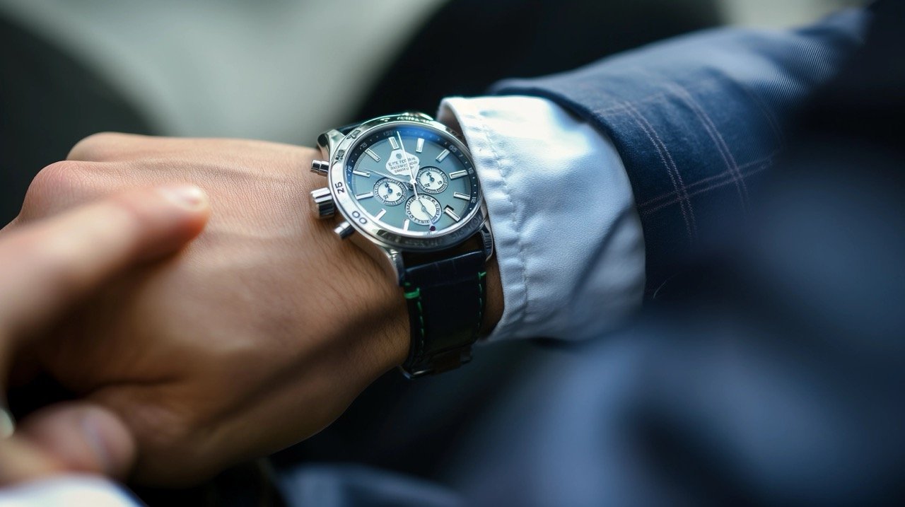 Person in Blue Suit Checking Silver Analog Watch, Great for Business Time Management and Website Backgrounds