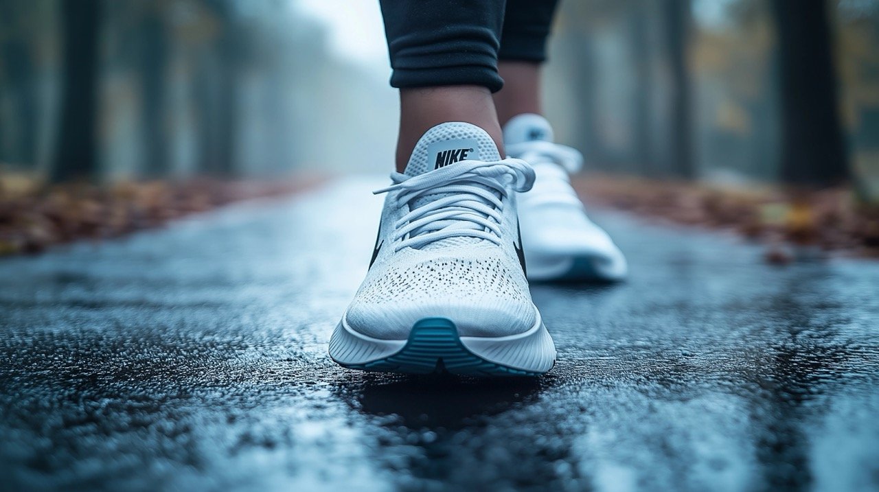 Person in White Nike Sneakers on Concrete Path Fitness, Running, and Fashion Footwear