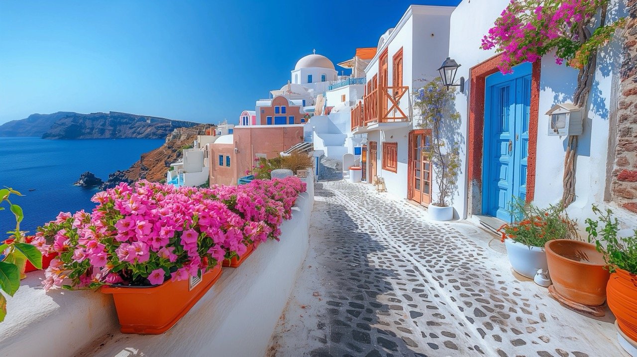 Picturesque View of Traditional Cycladic Houses with Flowers in Foreground | Oia Village, Santorini, Greece Stock Photo