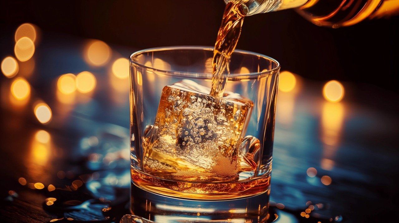 Pouring Whiskey into Glass with Ice Stylish Stock Photo of Alcohol and Whisky Bottle