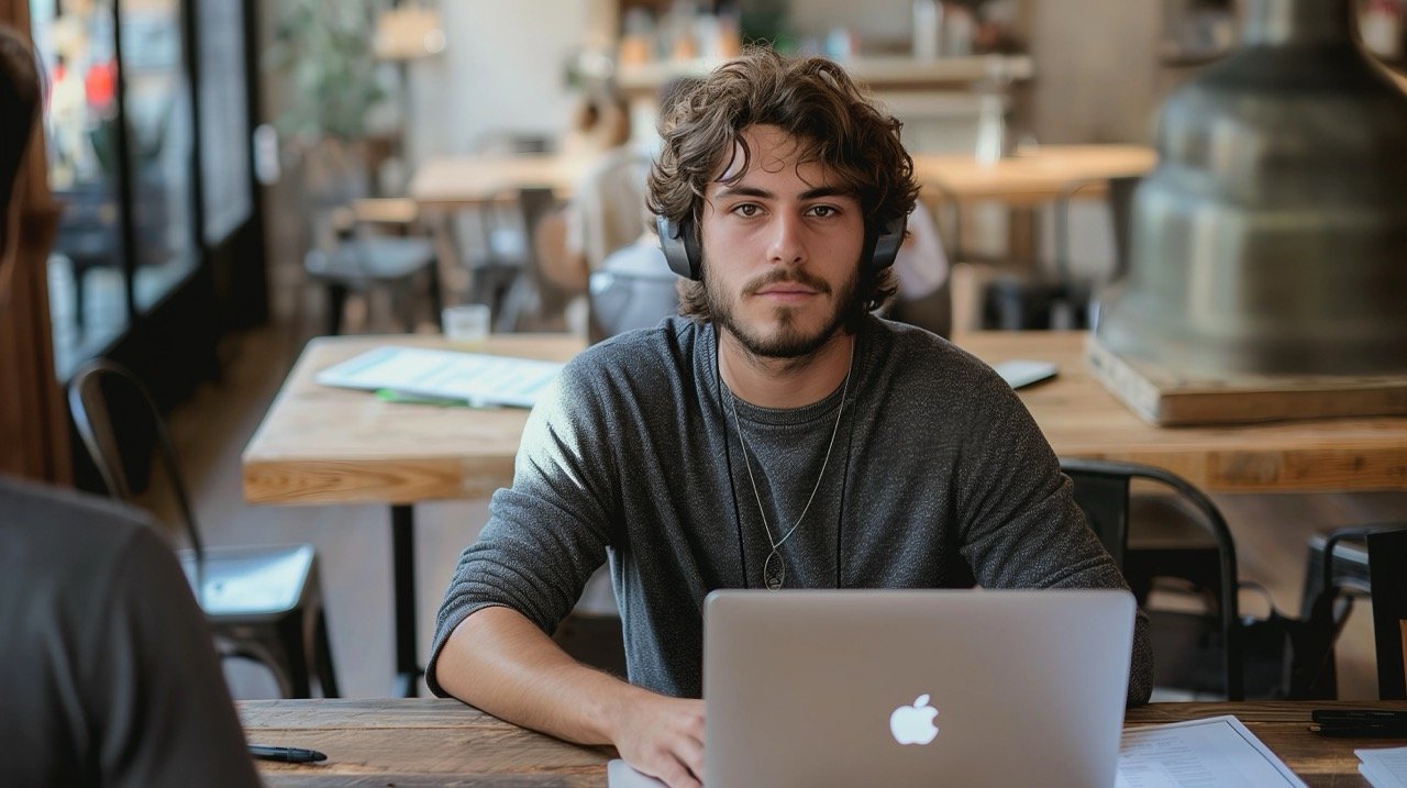 Professional Man Seated on Chair Using Laptop, Perfect for Office Teamwork and Young Worker Photos