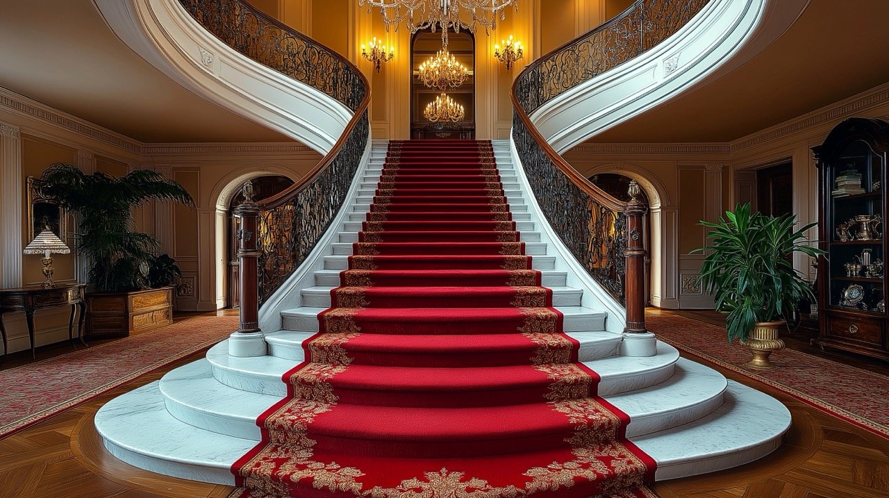 Red and Brown Floral Carpet on Hotel Staircase at Night, Showcasing Elegant Furniture and Chandelier