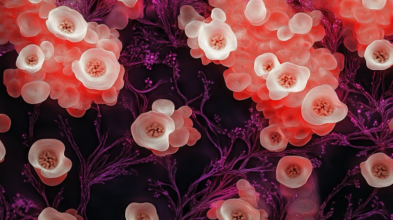 Red and White Background with Small Flowers Summer Vibe, Science Textures, Cancer Cells, and Medical Research Focus.