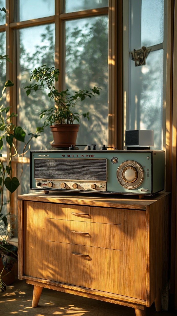 Retro Furniture and Vintage Stereo Radio Set in an Antique Apartment with Classic Design and Comfort