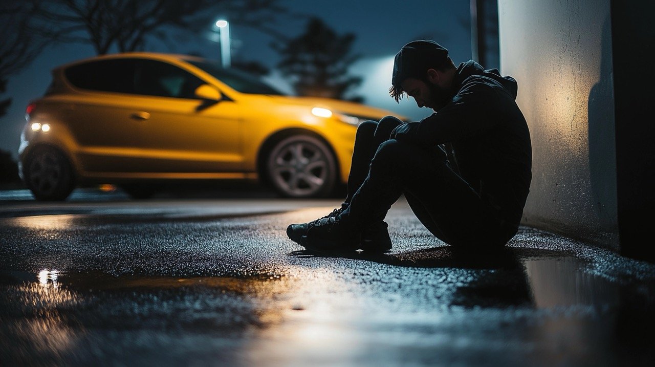 Sad Man Sitting Near Car in Dark Garage, Alone and Frustrated, Evening Cityscape Background