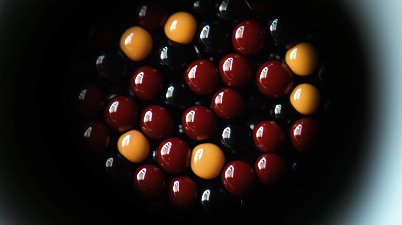 Science and Technology Lab Red and Black Round Beads on Brown Background for Engineering and Biomedicine