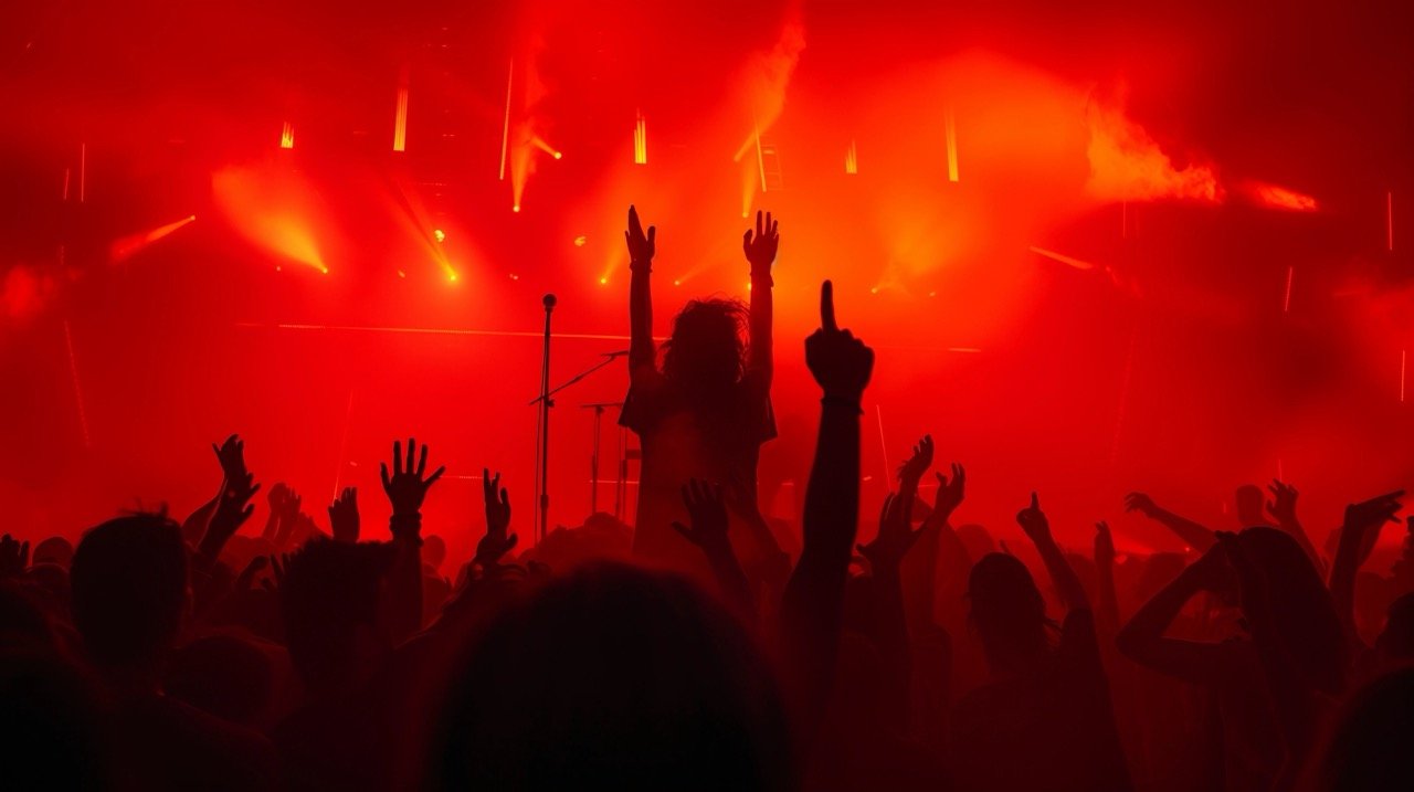 Silhouette Photography of Party Goers with Red Lights at a Rock Concert in Lisboa, Portugal