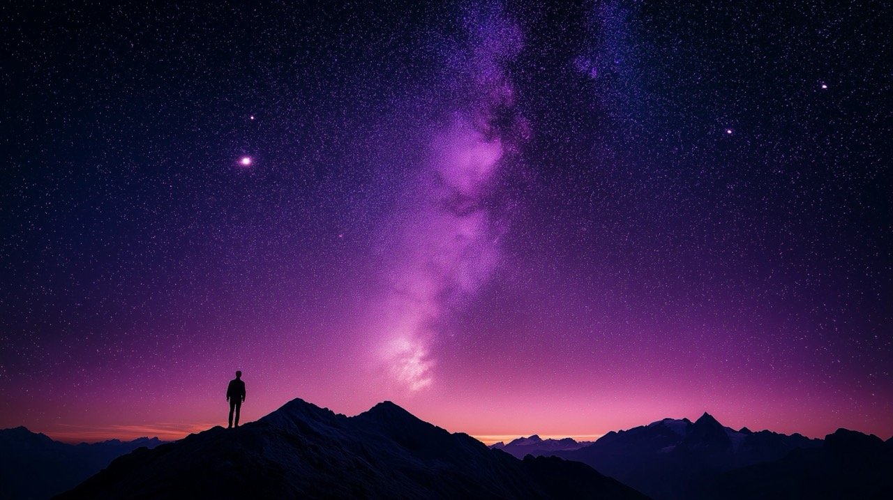 Silhouette of Mountain at Night with Summer Sunrise Purple Sky, Starry Galaxy, and Astronomy Wallpaper Background