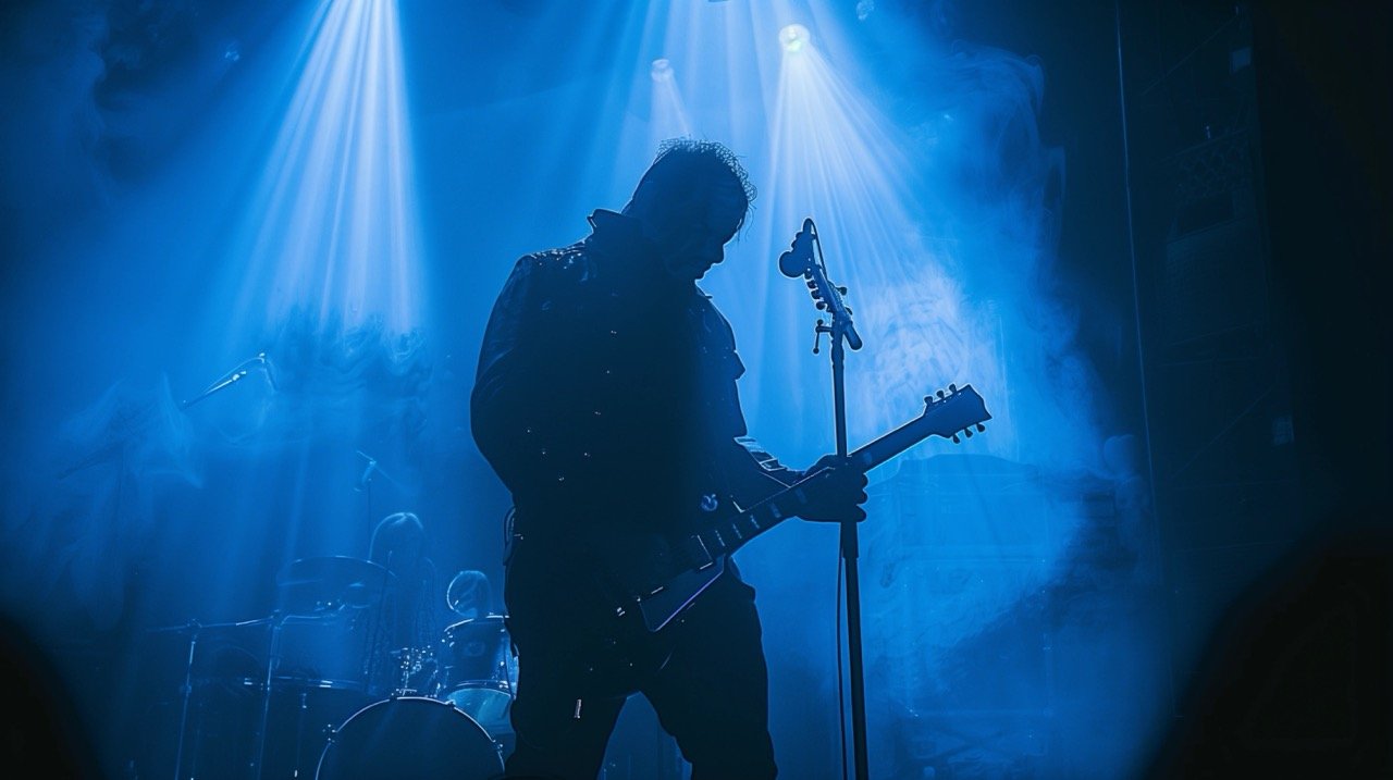 Silhouette of a Man Playing Guitar Under Blue Light in Paris – Musician Concert Live Performance