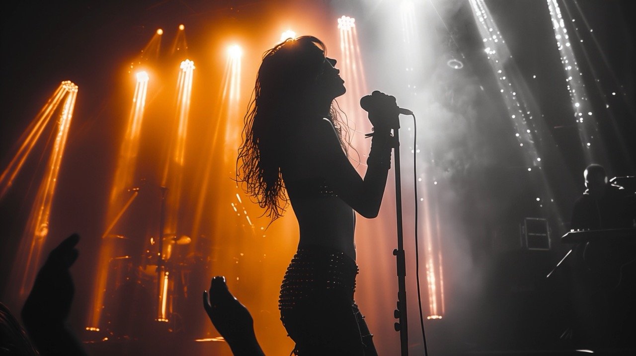 Silhouette of a Woman Singing on Stage – Rock Concert at Trabendo, Paris with Festival Lights and Music