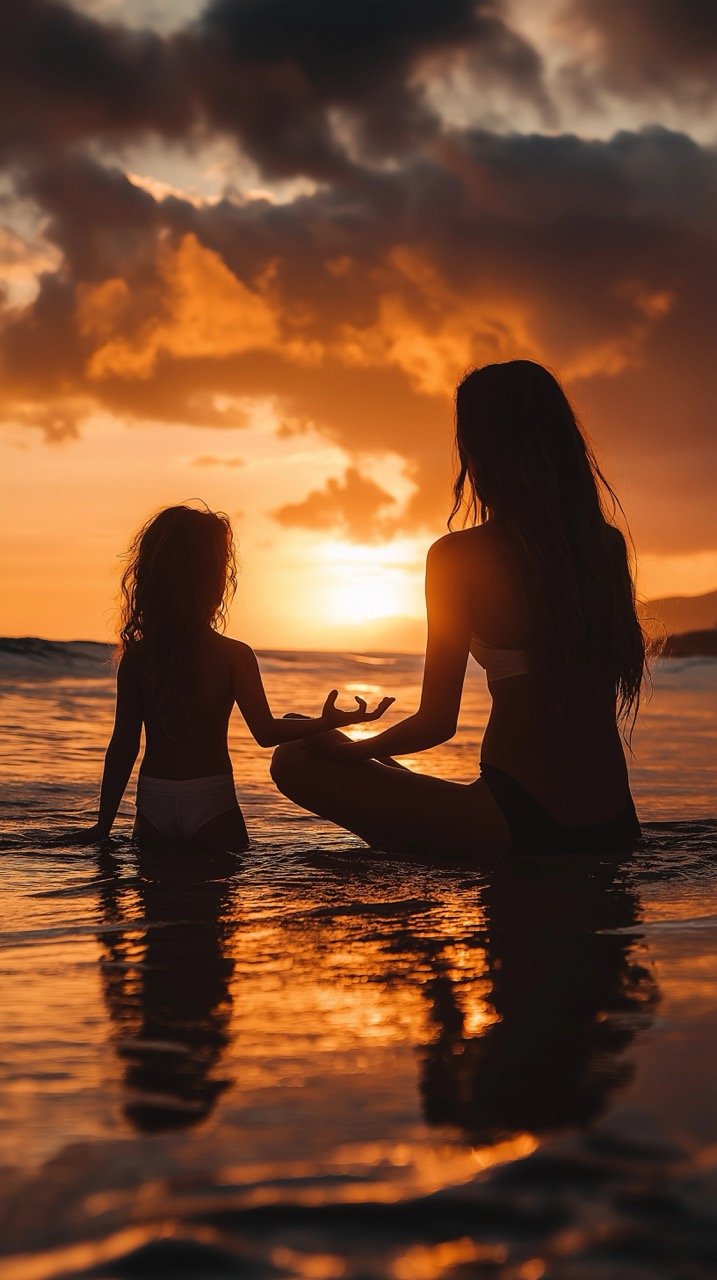 Silhouette of a Woman and Girl Practicing Yoga on the Shoreline at Sunrise in Kihei