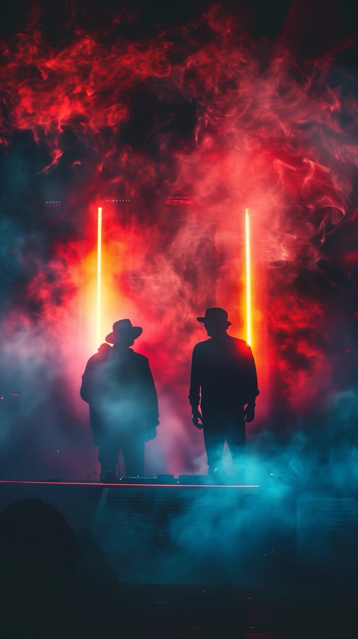 Silhouetted Men in Front of Smoke at Music Event – Festival Concert Image