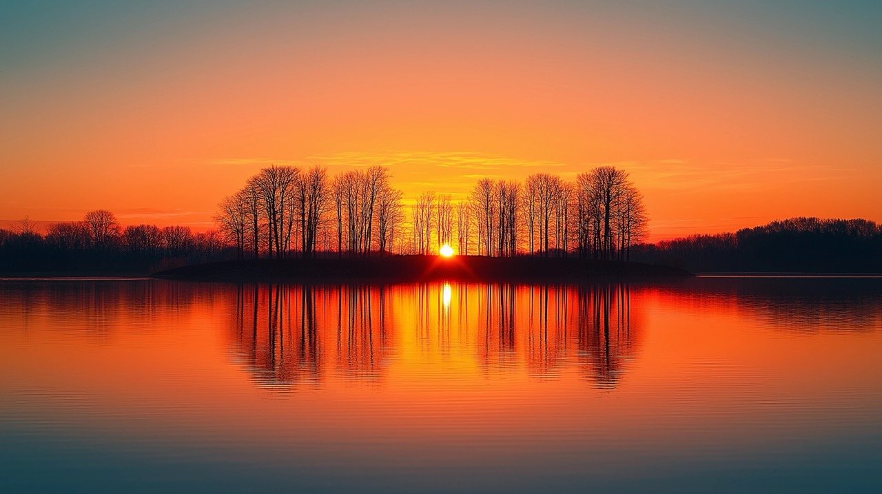 Silhouetted Trees by Water at Sunset Summer Night Vibes, Nature Landscape, and Backgrounds from WI USA