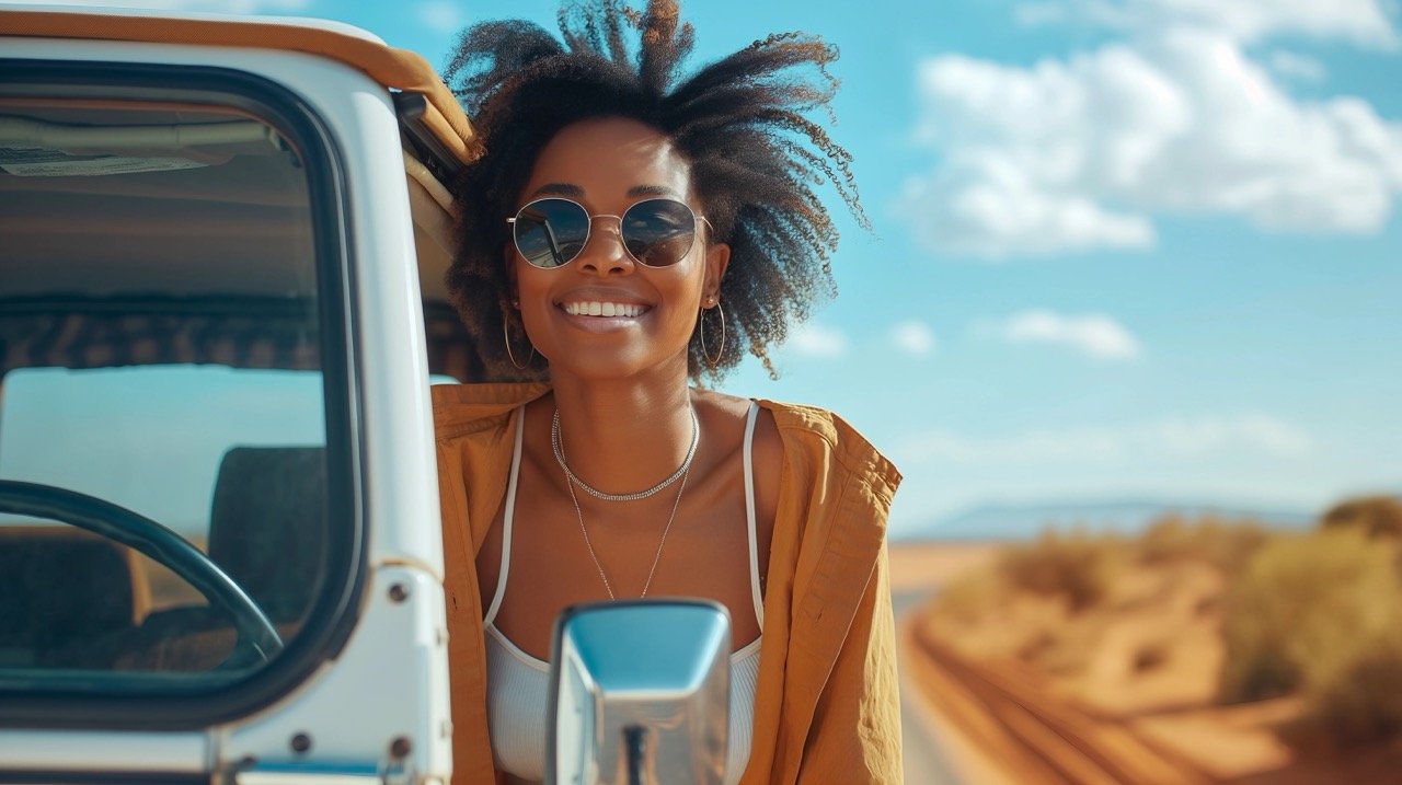 South Africa Travel Adventure | Black Woman on Jeep, Enjoying Desert Window View | Happy Summer Road Trip