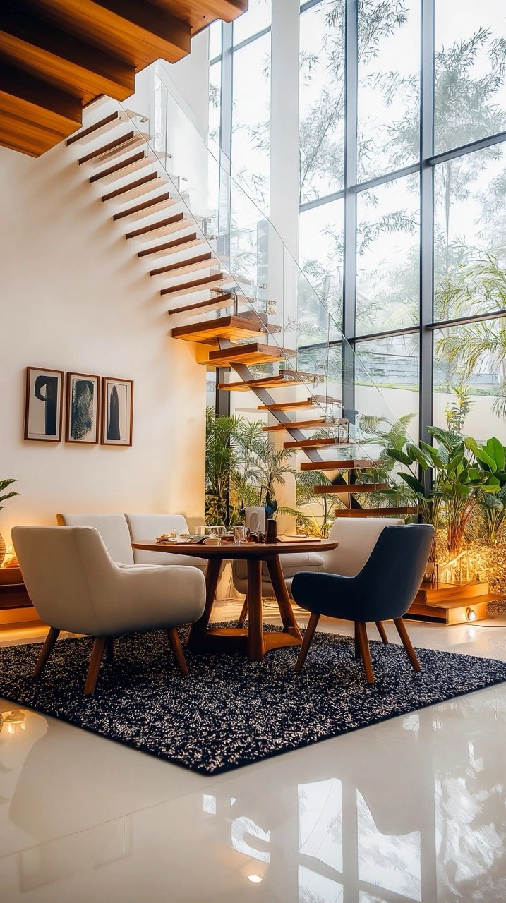 Spacious Modern Room Interior During Golden Hour at Night, Featuring Cozy and Clean Contemporary Design