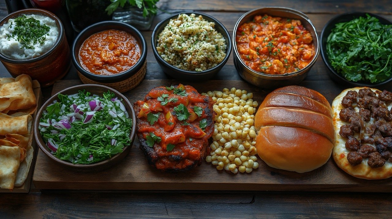 Spicy Restaurant Food Layout Tabletop View Showing Meals and Drinks, Ideal for Food and Drink Photography