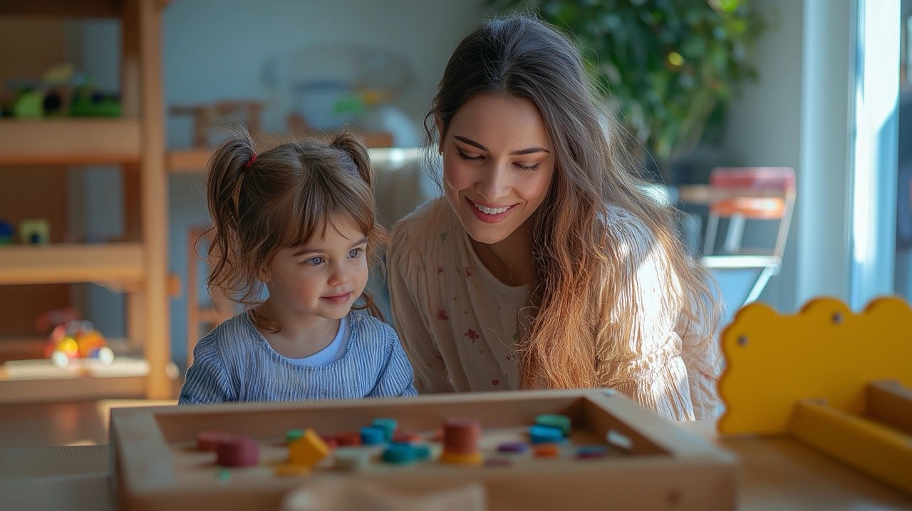 Stock Photo Woman and Child Engaged in Montessori Learning with Toys