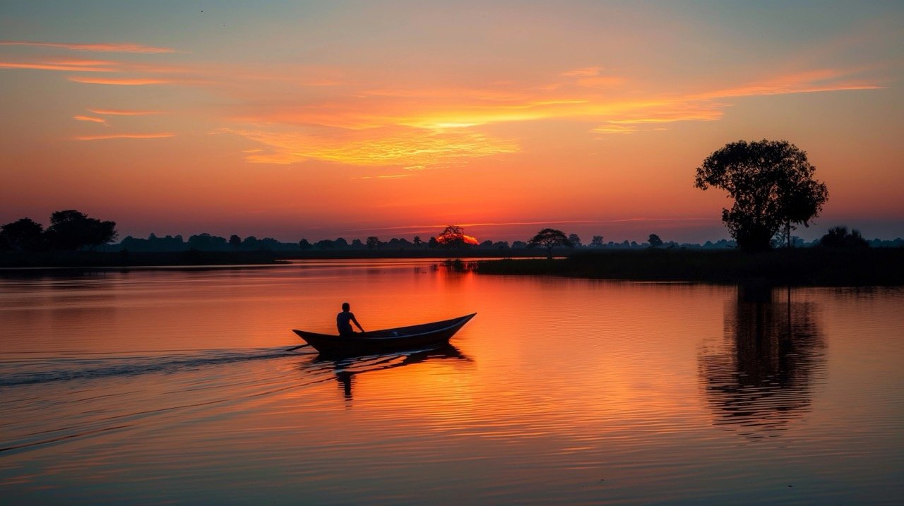 Stock Photo of Man Rowing Boat at Sunset | Flooded Paddy Field, Travel Destinations, India, Nautical Romance