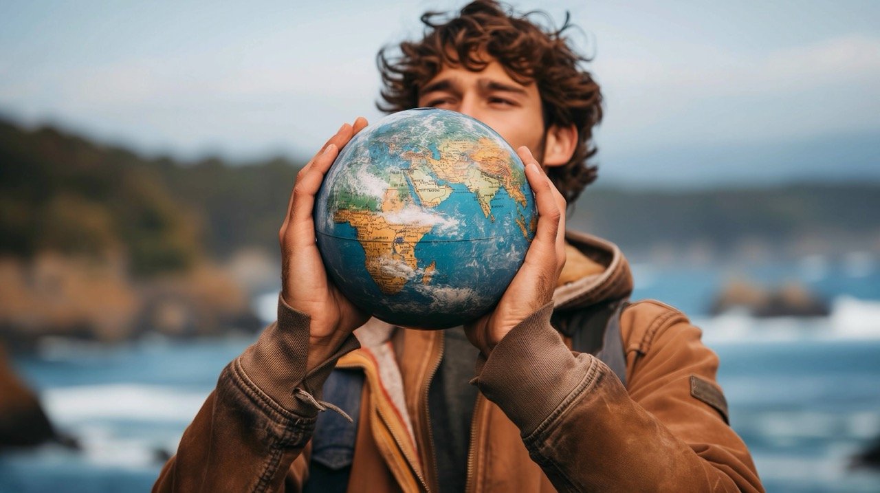 Stock Photo of Young Man Holding World Globe | Travel Sustainable Living Navigational Tools Love Emotion